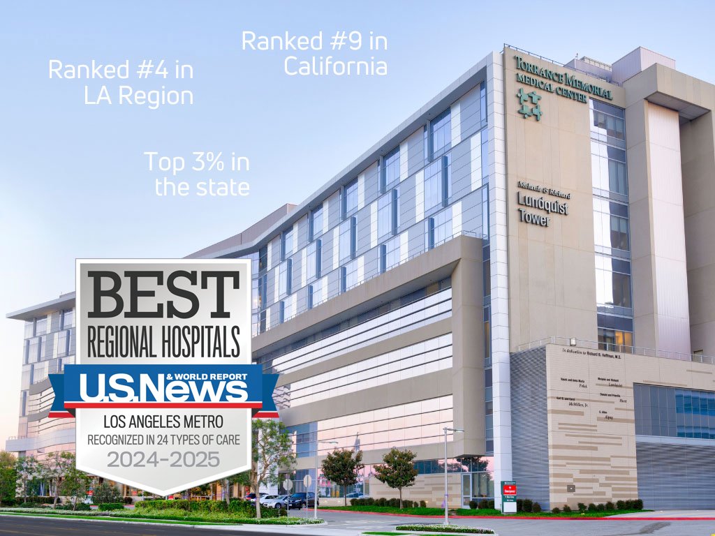 Image of torrance memorial medical center with hospital rankings overlayed.